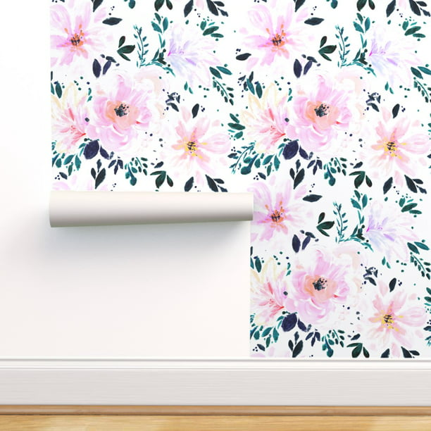 Removable Water-Activated Wallpaper Tropical Botanical Teal Pink Floral Aqua 